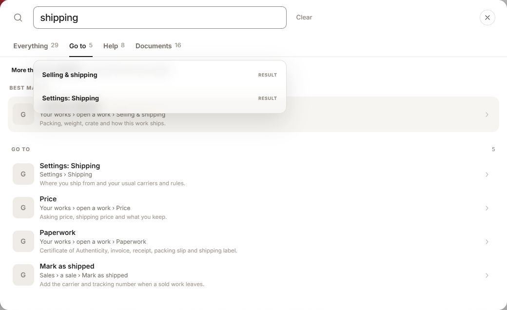 Search Go to tab showing shipping destinations, Clear and the close button.