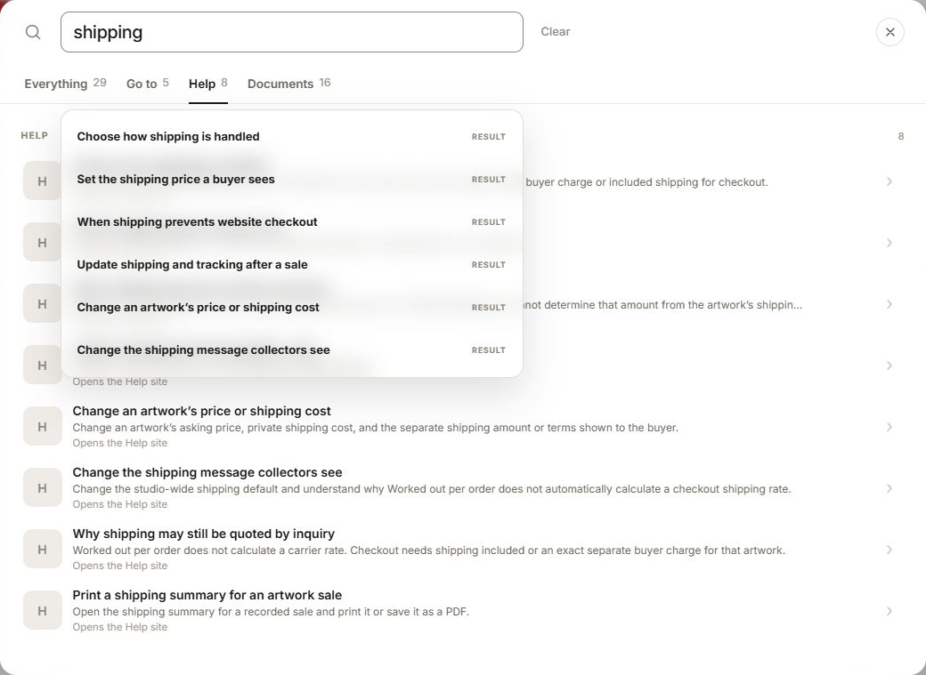 Search Help tab showing matching shipping guides and the translucent suggestions.